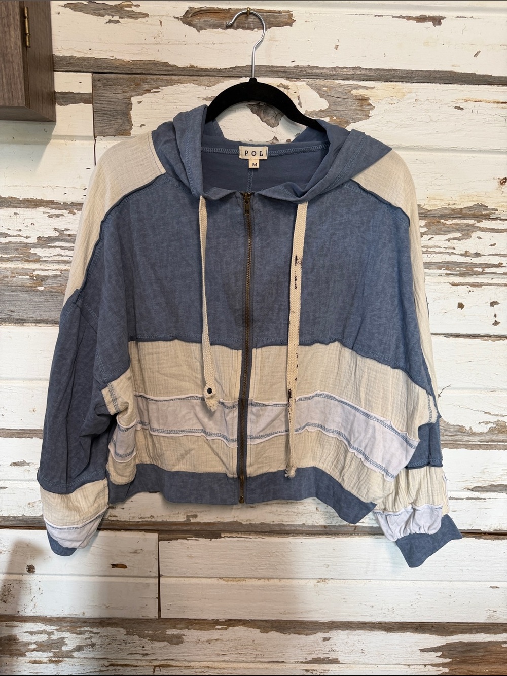 POL Blue and Cream Hooded distressed Zip Bomber Jacket - Picture 6 of 10
